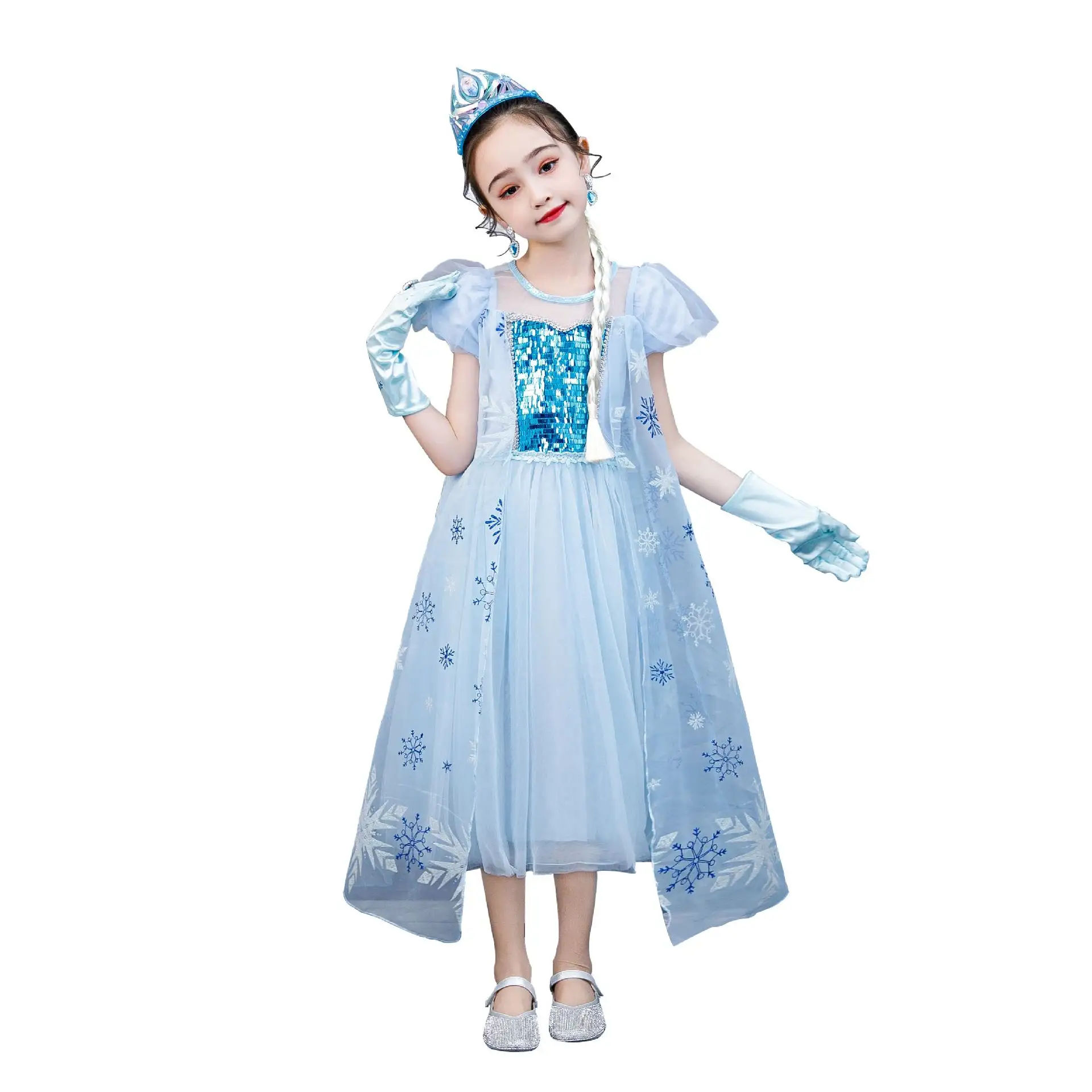 Customized Girls Sequined Fancy Dress Ankle Length Cosplay Party Dress Elsa Anna Blue Princess Dresses With Shawl