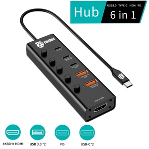 6-in-1 USB-Cハブ (個別スイッチ付き) HDM I USB 3.0 PD充電MacBookおよびPC、ラップトップ、USBCデバイスと互換性があります - Product Image 2