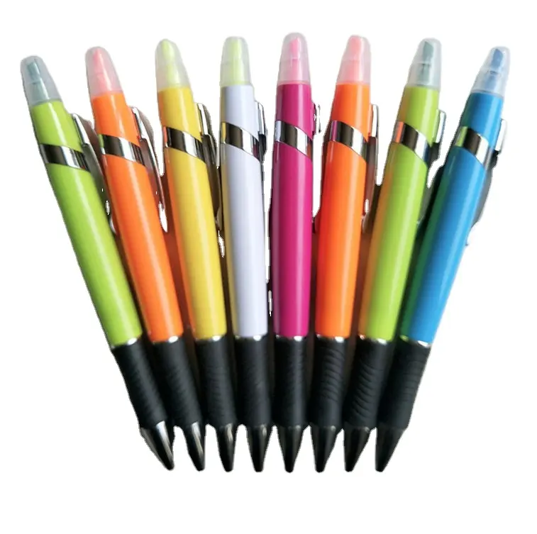 Barato 2 em 1 plástico duplo Highlighter Pen com Metal Clip Twist Caneta Esferográfica LOGOTIPO Personalização para brinde promocional