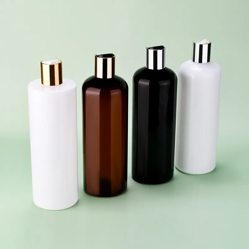 Empty shampoo lotion bottle 100ml 120ml 250ml 500ml amber black white PET plastic body toner lotion bottles with gold disc cap