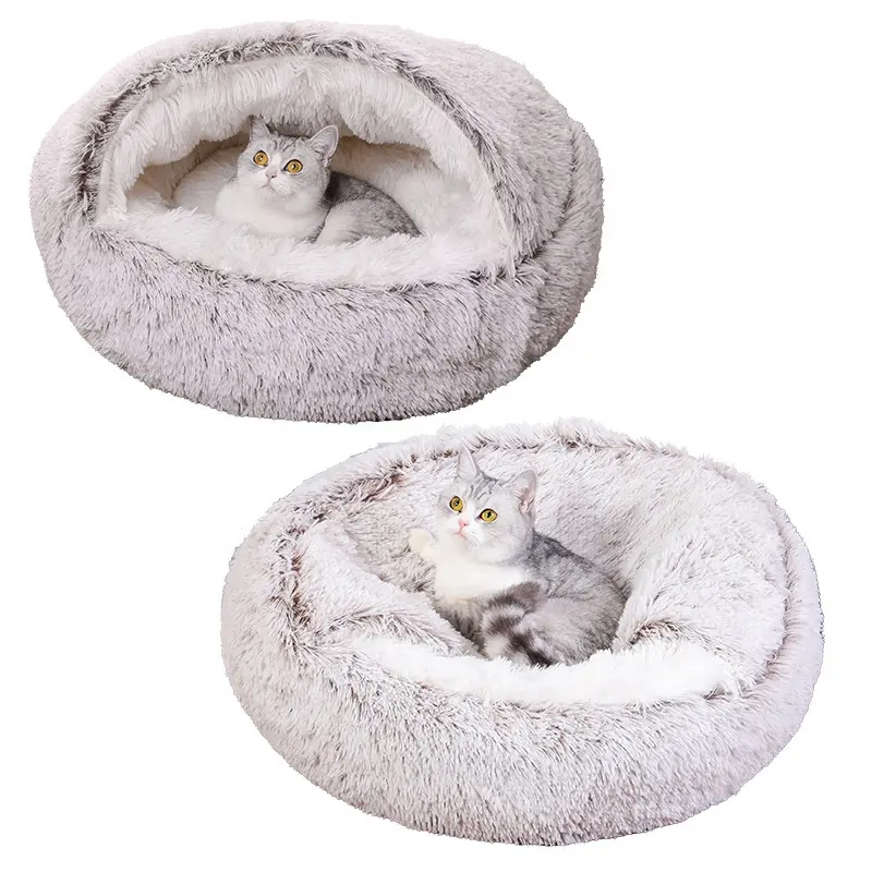 Vente en gros Lit rond pour animaux de compagnie mignon, confortable, semi-fermé, chaud pour l'hiver, lavable et antidérapant pour les chats.