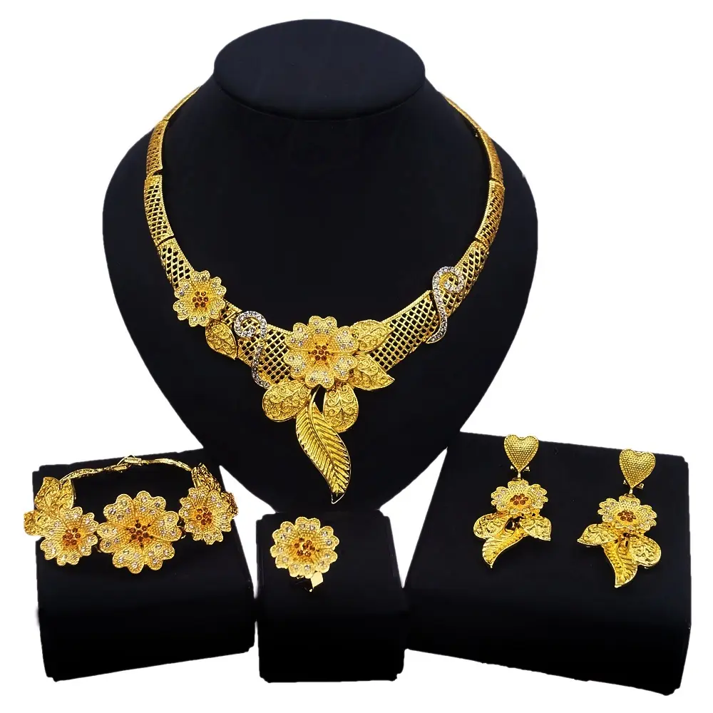 Collar, pendientes, anillos chapados en oro, Dubái, boda india, cuatro piezas, aleación de Zinc XP