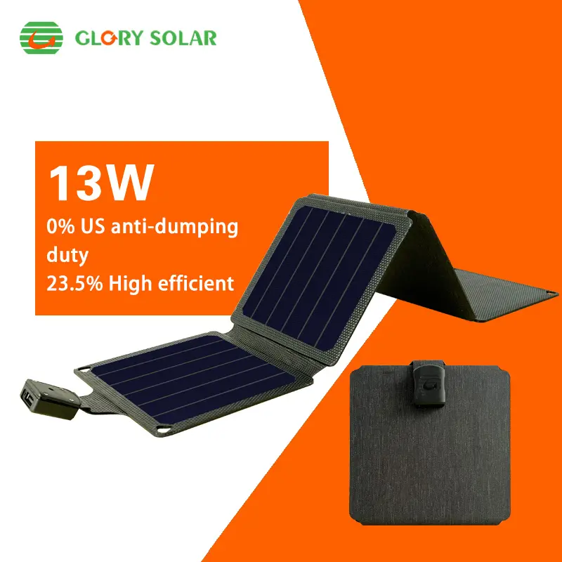 Glory Solar 13W Small Fold ETFE Foldable Waterproof USB Solar Power Cell Sunpower Portable Solar Charger for Mobile Phone