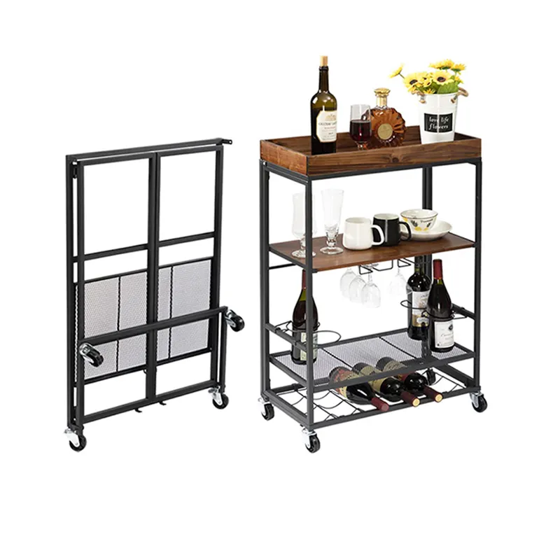 Carros de Bar Carrito de vino móvil con ruedas con estante para vino y soporte para vidrio Carrito de servicio de 3 niveles Cocina Exterior Madera Metal