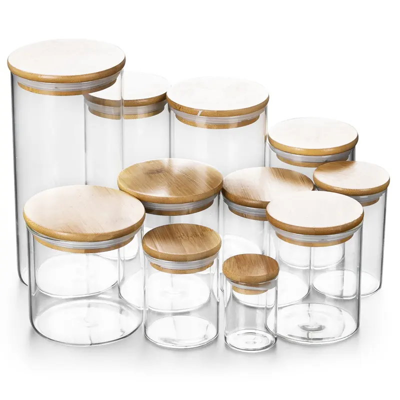 Recipiente de vidrio hermético con tapa de bambú, recipiente de almacenamiento de alimentos, dulces, galletas, borosilicato, respetuoso con el medio ambiente