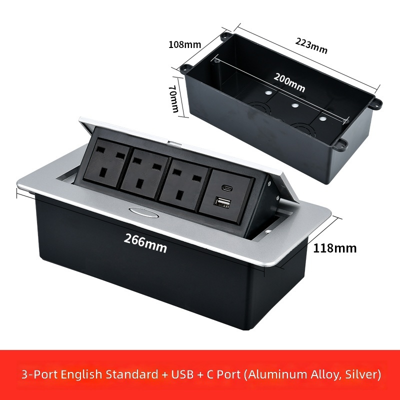 Three-pin power strip+usb+type-c-silver