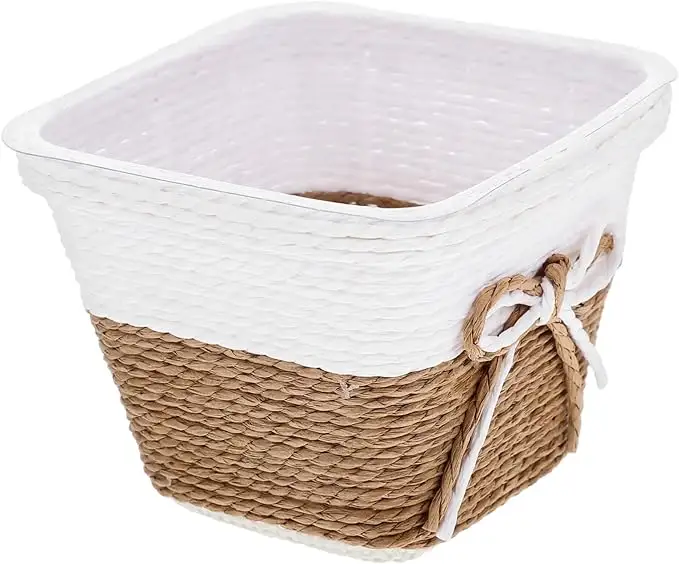 Cesta de plantas de cuerda de papel pequeña Beige hecha a mano, cesta en espiral tejida para guardería, cubierta de maceta de escritorio, organización del hogar, viene bolsa