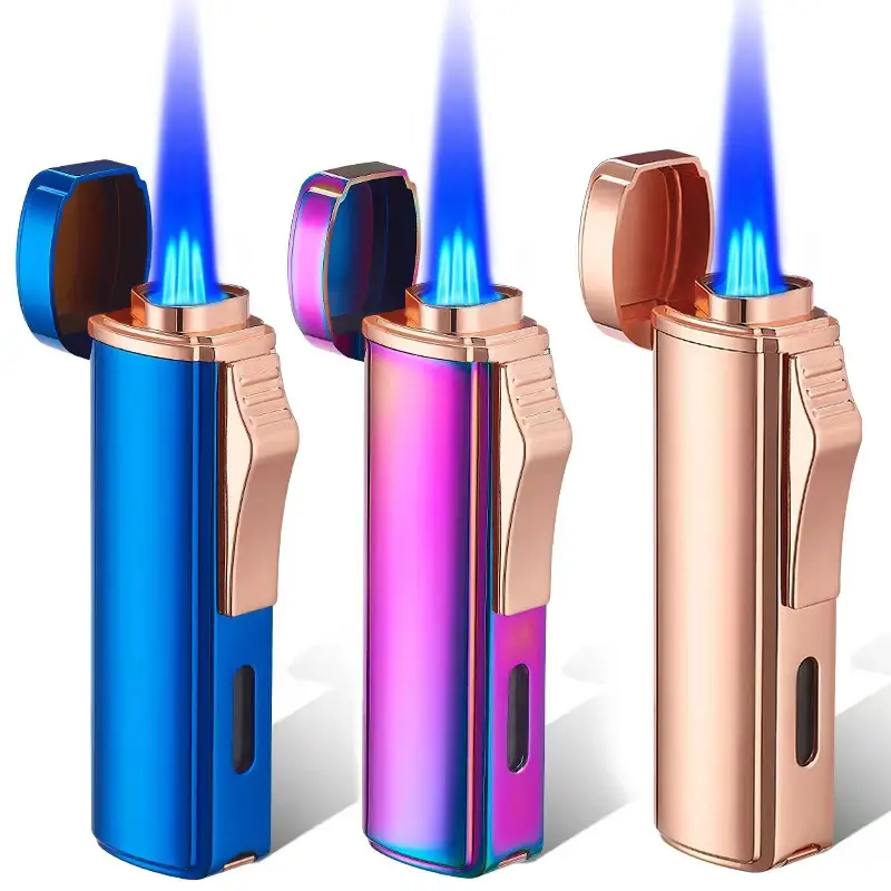 Accendisigari personalizzati a tre fuochi accendisigari antivento con fiamma blu accendisigari ricaricabile a gas