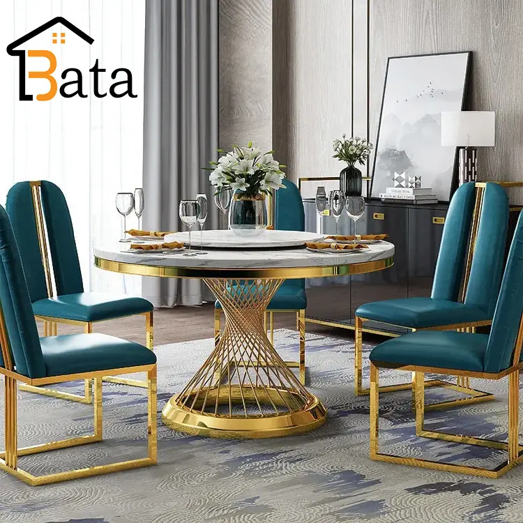 Mesa de comedor de acero inoxidable para el hogar, mobiliario con diseño de mesa de cristal para hotel y 6 sillas