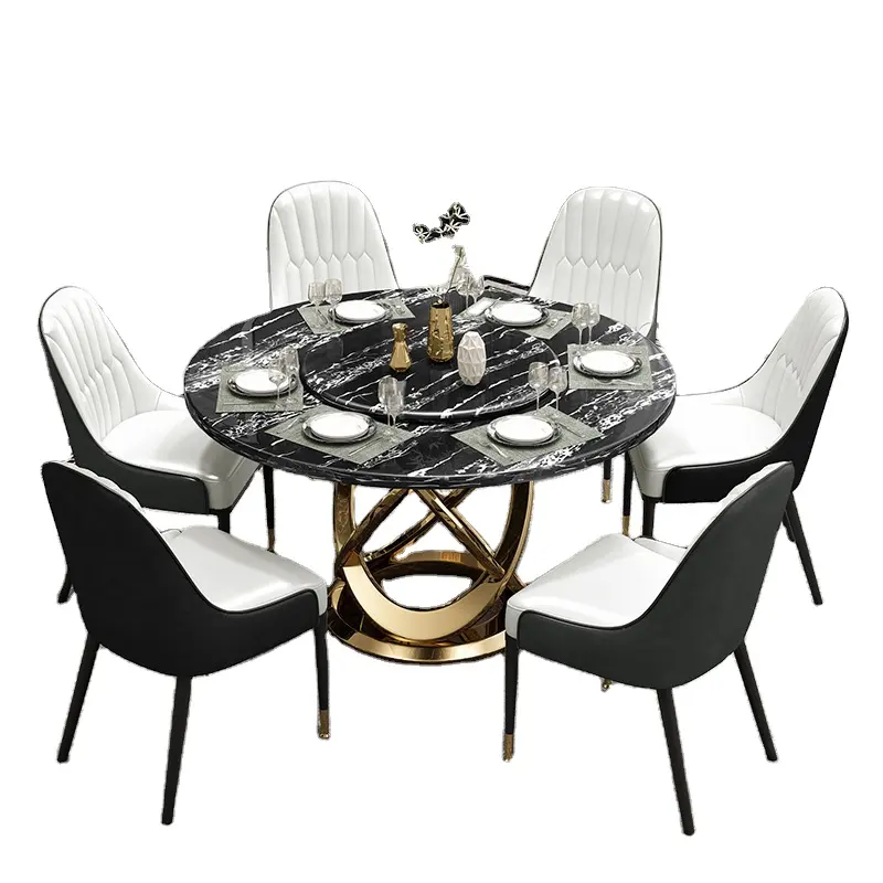 Juego de mesa de comedor redonda moderna, 6 sillas, parte superior de mármol italiano