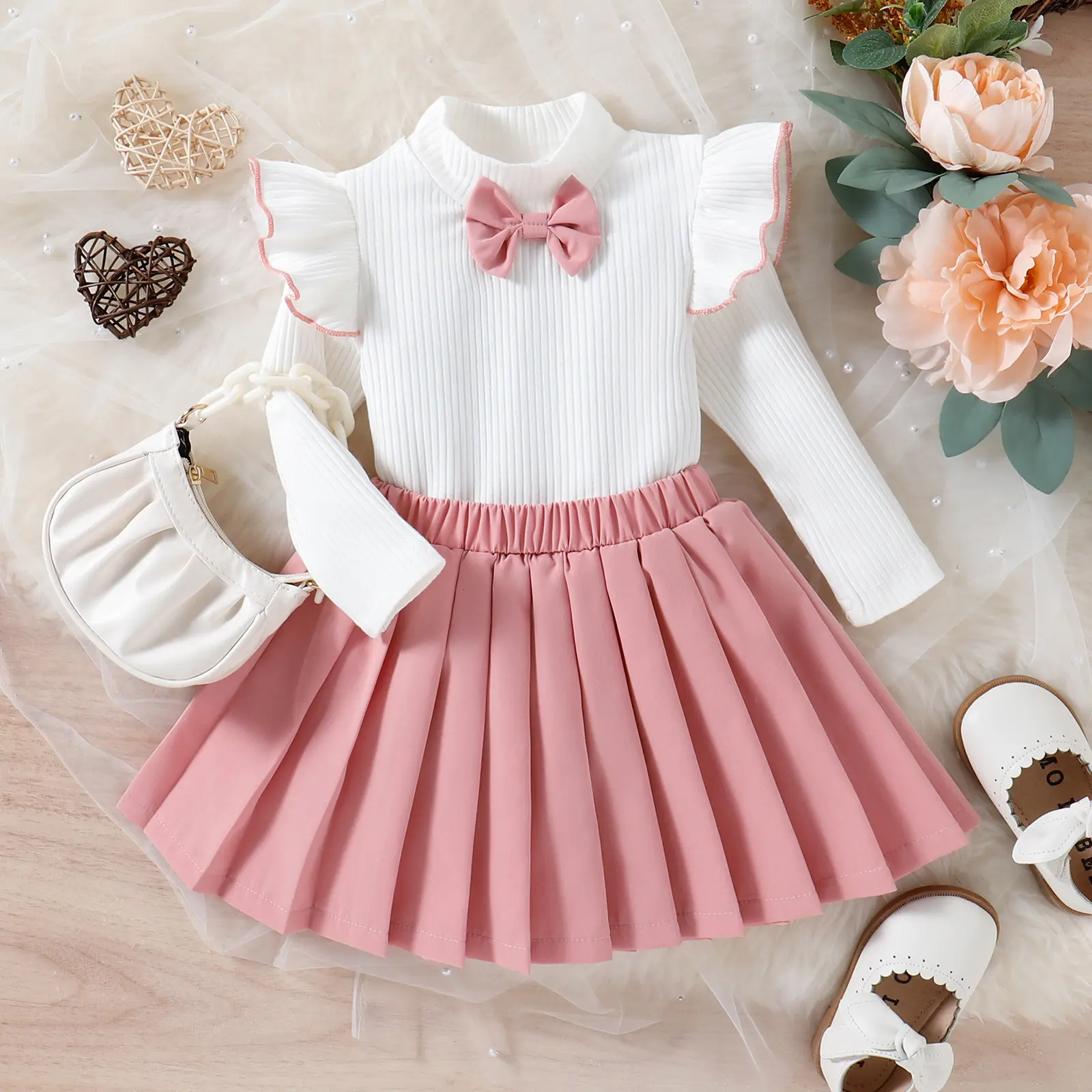 Nova moda criança meninas roupas pit stripe voar manga tops + rosa saia plissada boutique duas peças crianças meninas roupas