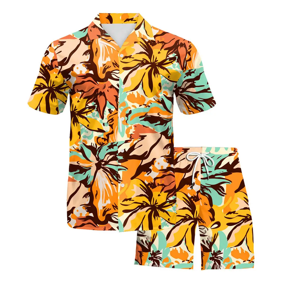 Verão Personalizado impressão digital completa de poliéster Havaiano camisas dos homens Adulto manga curta moda Floral impressão camisa shorts terno