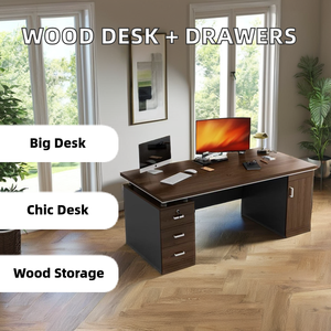 Escritorio moderno para ordenador de madera marrón con 2 cajones laterales para uso en el hogar, la oficina o la escuela con un diseño de mesa de escritura elegante - Product Image 3