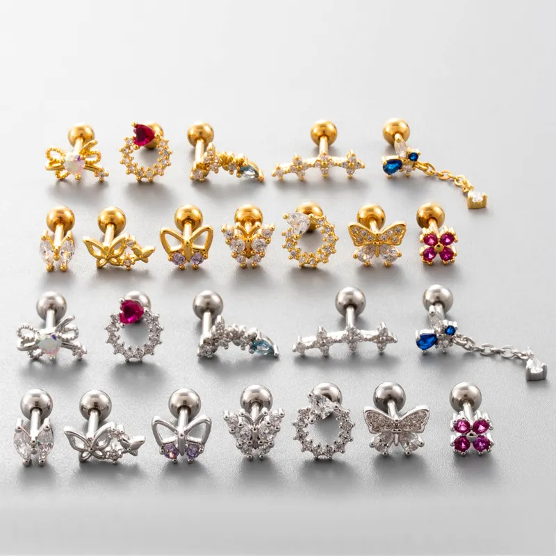 HENGSEN colorido zirconia cúbica corazón mariposa flor cartílago pendientes tornillo trasero Acero inoxidable hélice piercing joyería