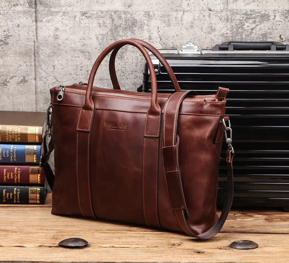 Porte-documents pour hommes en cuir véritable imperméable vintage personnalisé sacoche d'ordinateur portable pour iPad 14 pouces avec bandoulière et coussin
