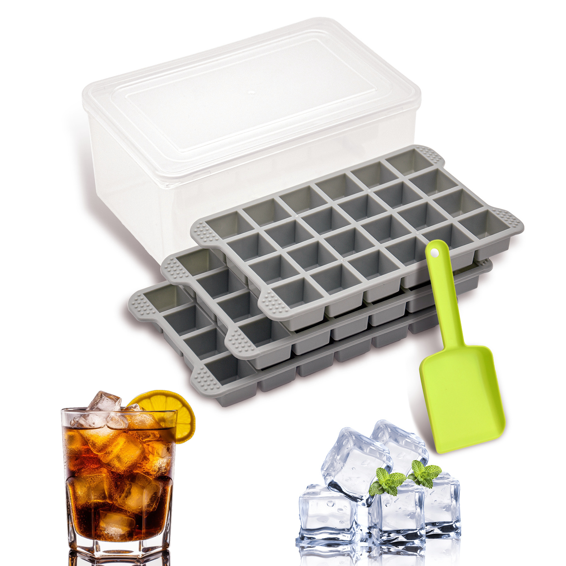 Bac à glaçons 72 cavités avec bac et cuillère Gris fumé