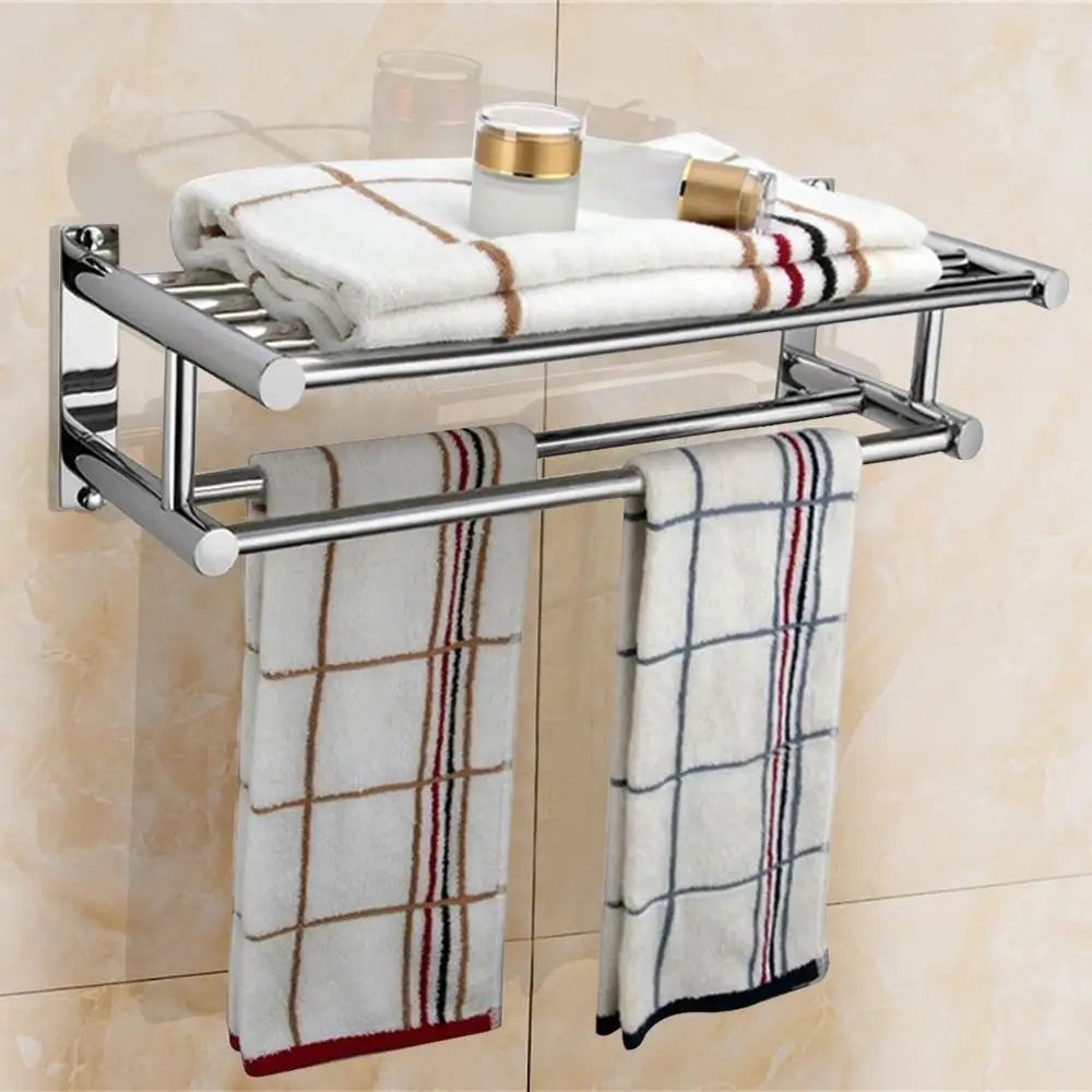 Double porte-serviettes de bain mural en acier inoxydable, support de rangement mural, support pliable et mobile pour serviettes de bain