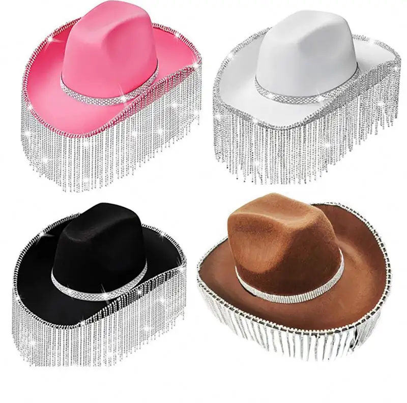 Topi koboi berlian imitasi untuk pria wanita, topi koboi pinggiran berlian imitasi, kostum pesta Cosplay pria dan wanita