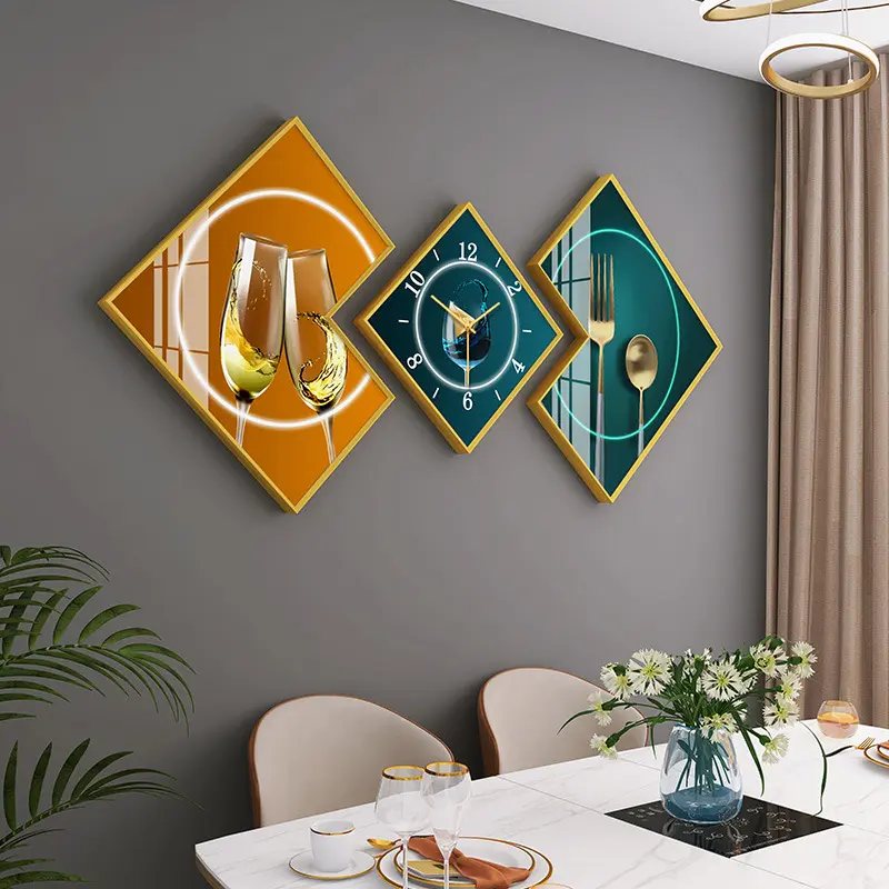 Cuadro de porcelana de cristal para decoración del hogar, moderno reloj de pared de 3 paneles de lujo para decoración de la sala de estar