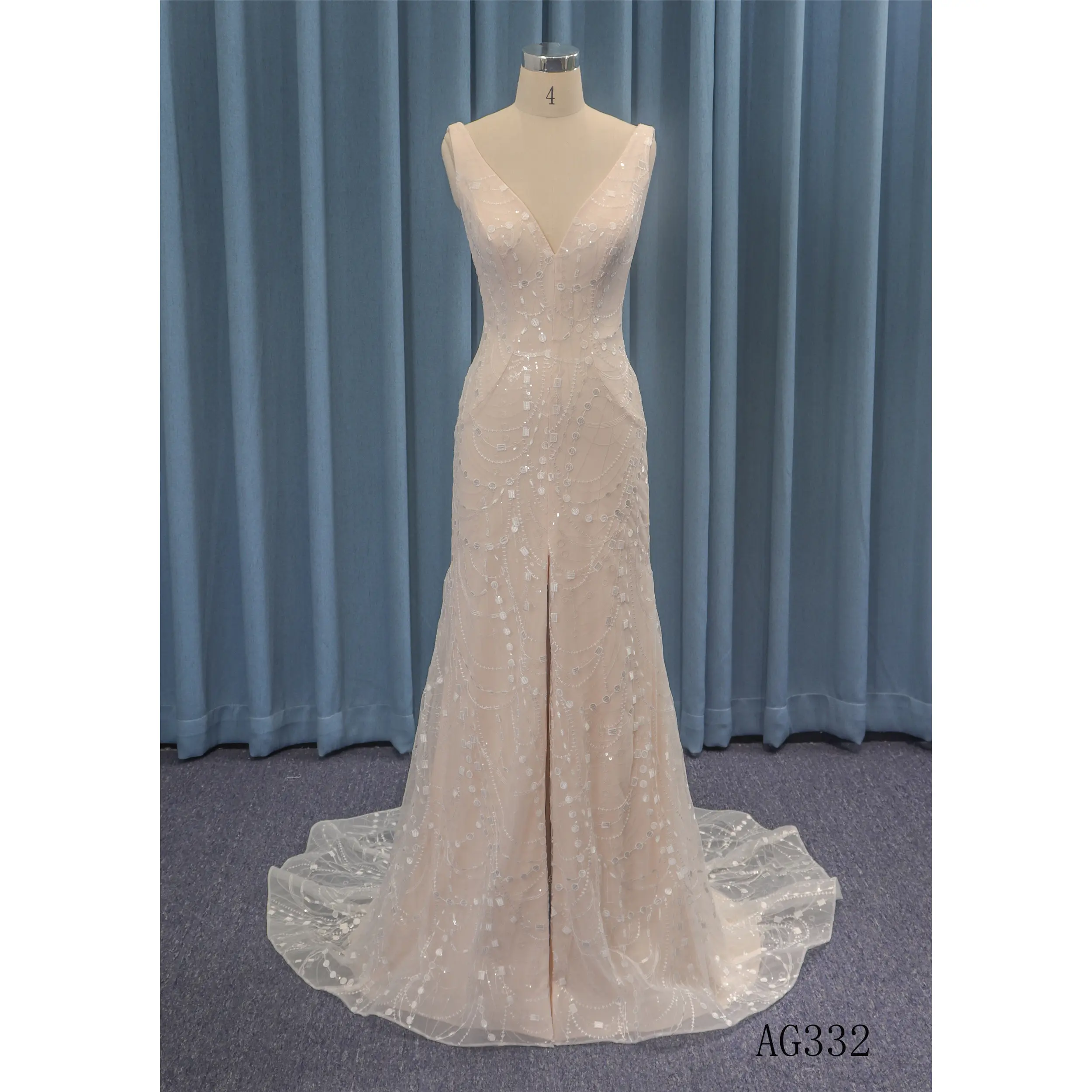 Falda con abertura, diseño color champán, sirena, gran oferta, vestido de novia ajustado, vestido de novia