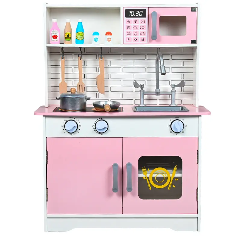 シミュレーションキャビネット大型キッチンおもちゃ木製ピンクキッチン用品セットおもちゃ木製キッチンおもちゃふりプレイゲームクッキングプレイセット