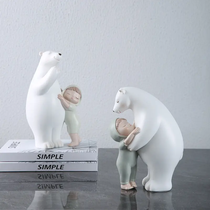 فتاة تحمل تمثال الدب القطبي الراتنج اكسسوارات الديكور الأطفال سطح المكتب لطيف تزيين الغرفة