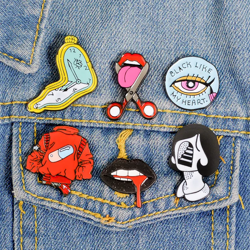 Funny Brooch Pin Scissors Tongue Eyes Mouth Red Clothes Pills Clock Head Soft Enamel Lapel Pin Wholesale