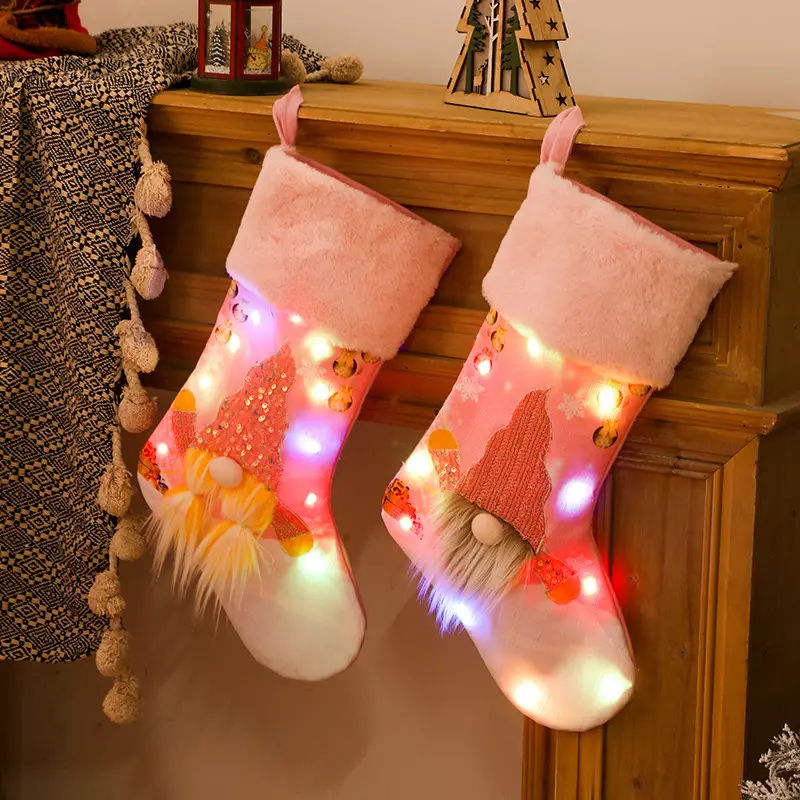 Custom Decor Christmas Ornament Santa Socks Sublimation Velvet Christmas Stocking Pink light LED Glowing Dwarf Christmas Socks
