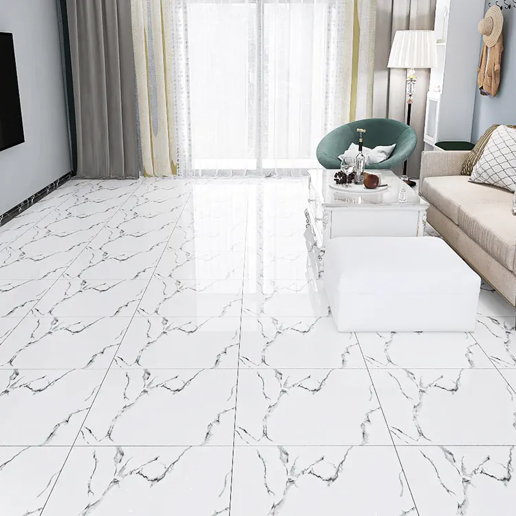 Toptan fiyat mermer bak beyaz Porcelanto fayans oturma odası için cilalı sırlı porselen seramik yer karoları 600600