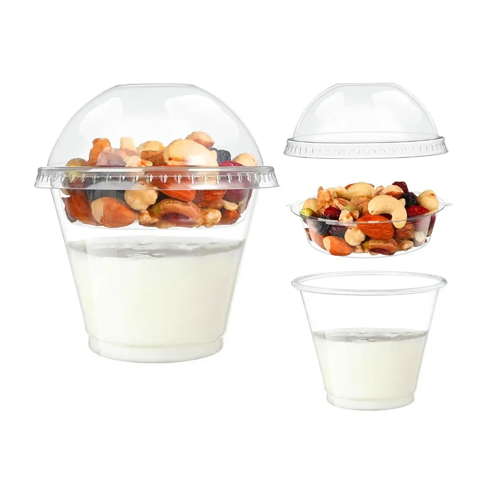 PET Plastic U-Shaped Double Layer Oatmeal Cake Milk Tea Disposable Paper Frozen Yogurt Cup With Spoon And Inner Tray