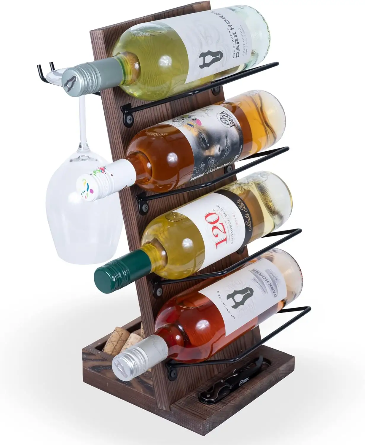 Estante de vino de mesa elegante de Metal de madera de nogal, estante de exhibición de almacenamiento de vino para 4 botellas con 2 soportes de vidrio para copas