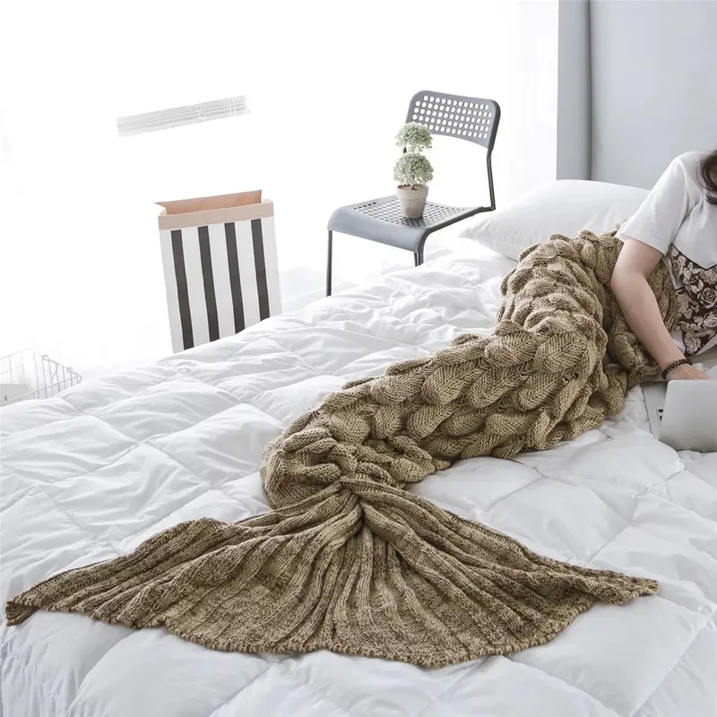 Kunden spezifische 100% Acryl gestrickte Wolldecke Meerjungfrau Decke Fischschwanz decke