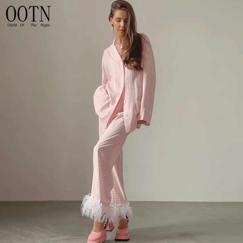 OOTN Pijama de Cintura Alta con Bolsillos Dobles para Mujer, Conjunto de Pijama de Manga Larga con un Solo Pecho, Ropa de Dormir Nupcial con Plumas, Color Rosa