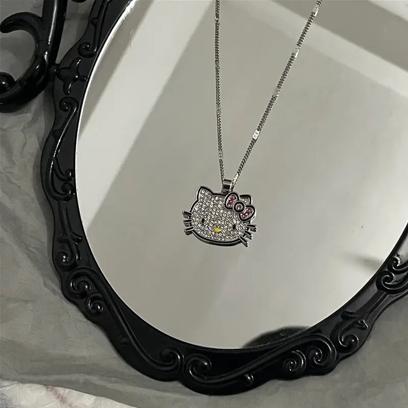 Korean Style Hello Kitty Pendant Necklace Women Y2K Rhinestone Plated Chain Cute Cartoon Valentine Day Gift Accessory Made Alloy