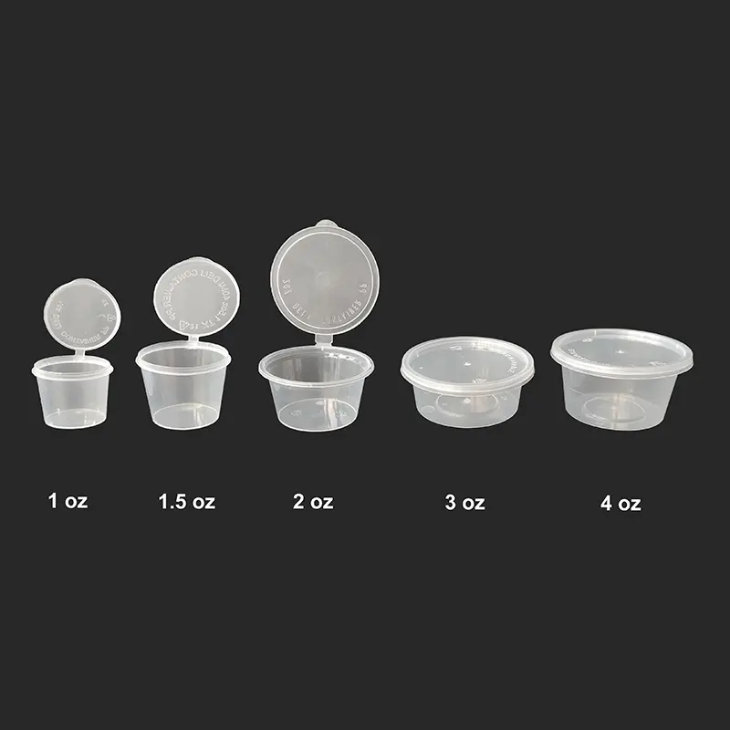 1 oz 1.5 oz 2 oz 3 oz 4 oz BPA-free PP trasparente rotondo contenitori da asporto porzione di plastica tazza di salsa coperchio incernierato