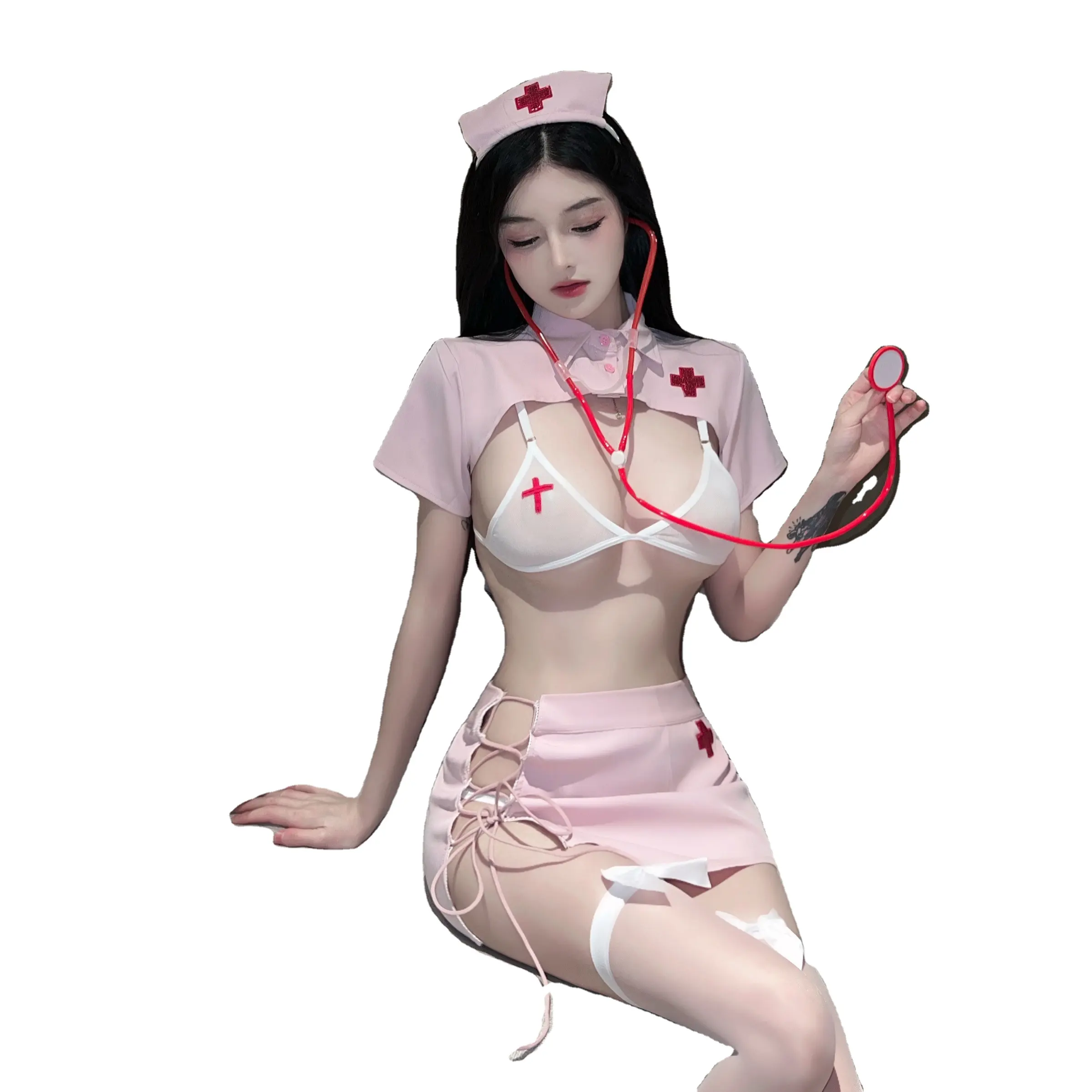 Heißes Kleid für Sex Perspektive Verführung Schnürung Rock Krankenschwesternuniform Cosplay Komplettsatz