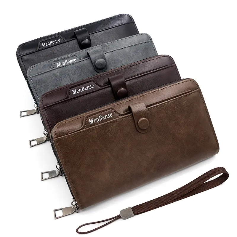 새로운 도착 비즈니스 긴 남자 지갑 레트로 지갑 지퍼 대용량 클러치 스트랩 휴대 전화 가방