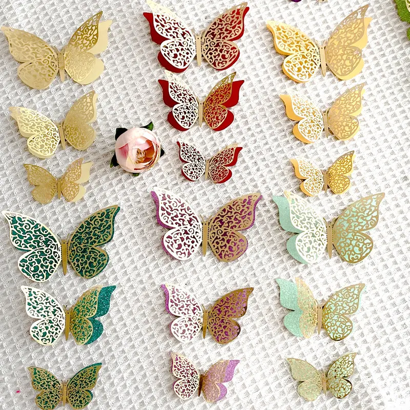 Customized cake topper paper gold double layer butterfly birthday cake decoration cake topper stick
