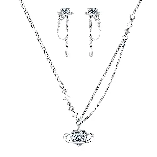 Conjunto de collar de pendientes de corazón planetario asimétrico colgante de diamantes de imitación pendientes de plata collar Y2k niñas espacio estético femenino