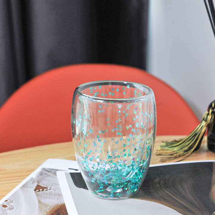 Ranvi Shows off Star Sequin Insulated Double Glass Christmas Star Wish Cup Tea Milk Coffee Cup Home Glass Valentine's Day Christ