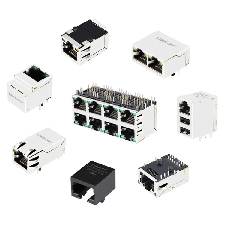 Conector modular SMT RJ45 para LAN, conector de baixo perfil vertical de montagem média com porta única, conector modular Ethernet RJ45