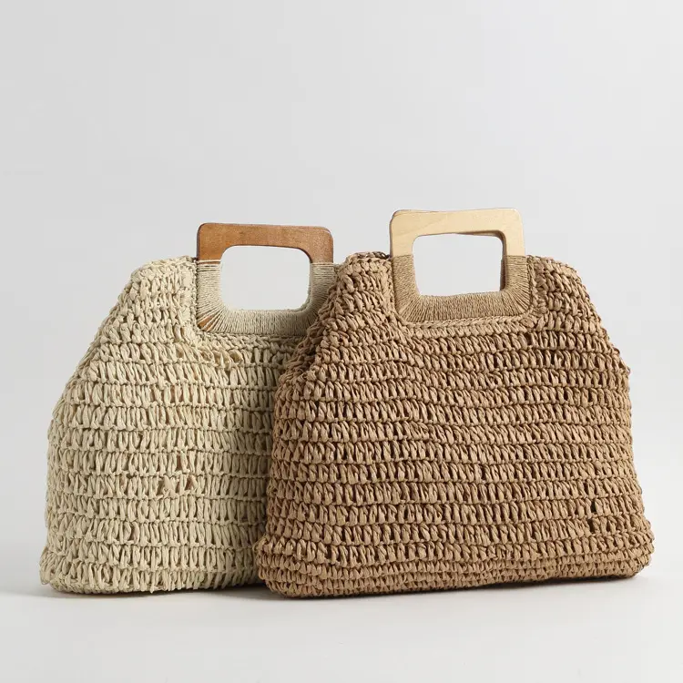 ECO Wholesale summer large paper straw tote handbag zipper closure wood handle straw beach bags for women