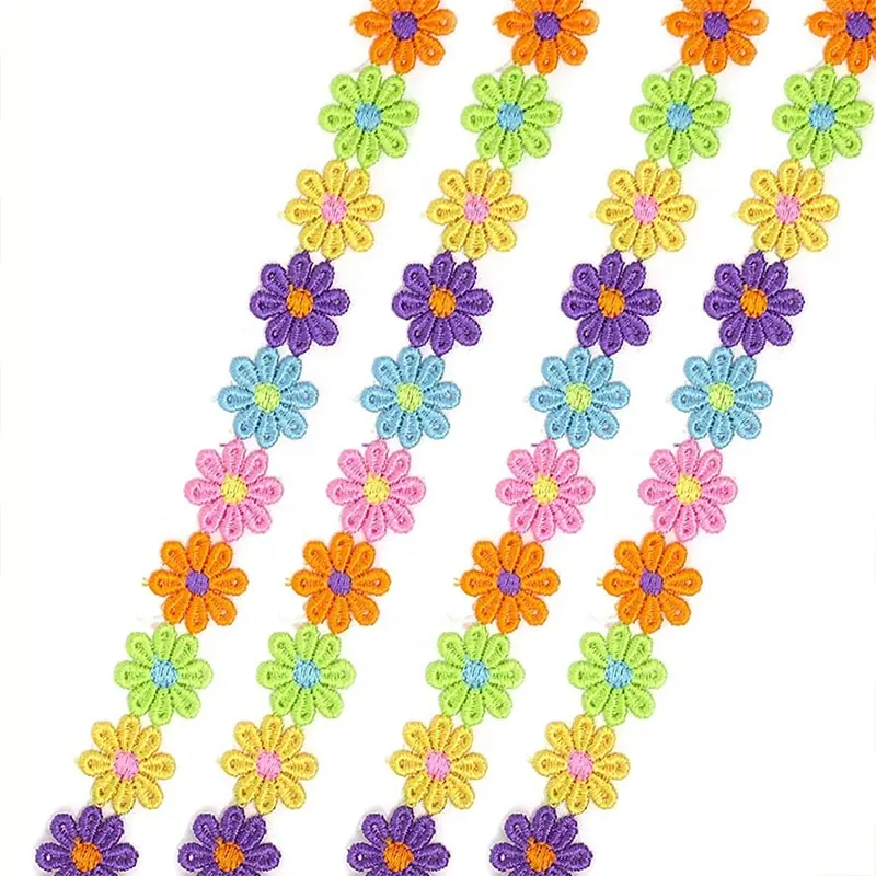 Rollo de encaje Floral de margaritas coloridas, bordado de tela, venta al por mayor