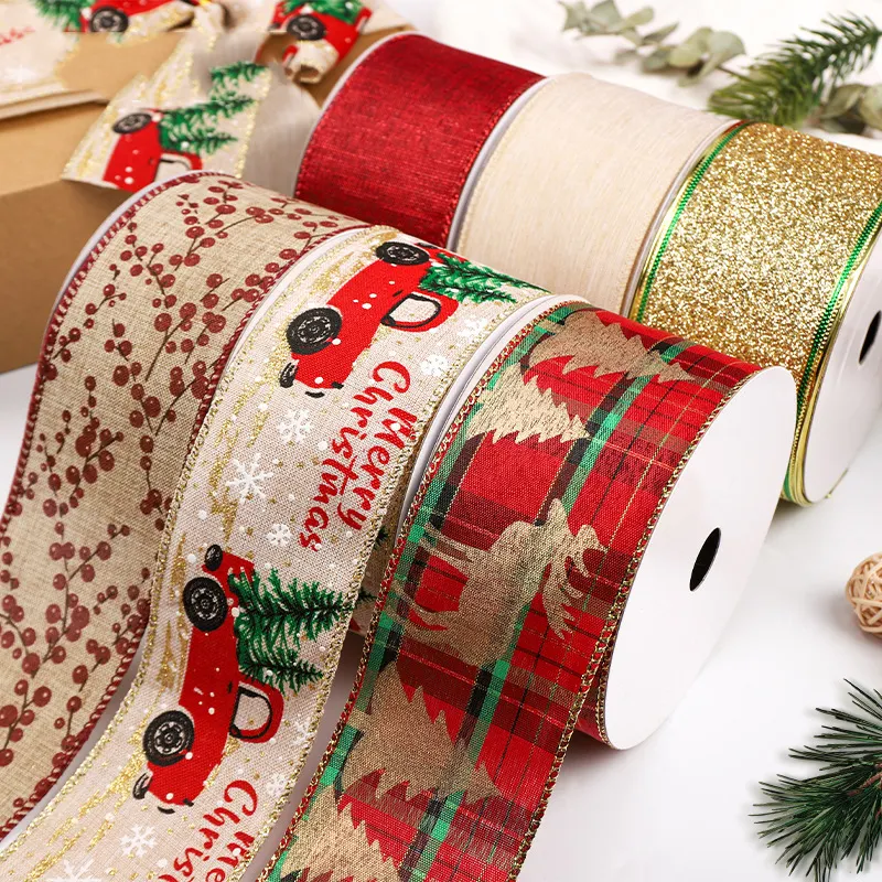 Fabricante Feliz Natal Artesanato Decor Ribbons DIY Gift Package Embrulho Custom Wire Edge Ribbon