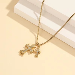 Fashion Titanium Steel <strong>Cross</strong> Diamond Necklace Double <strong>Cross</strong> Vintage Long Pendant Necklace <strong>for</strong> Girl - Product Image 3