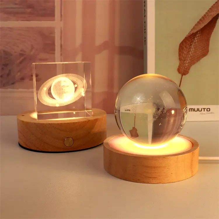 Großhandel Holz Nachtlicht Basen für Handwerk Kristallglas mit Schalter Holz LED Lichtst änder 3d Acryl Lampen sockel