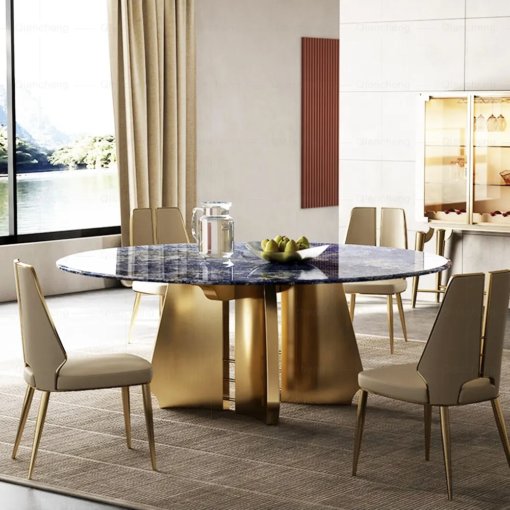 Muebles de acero inoxidable para Hotel, juego de mesa de comedor moderna y redonda, 6 sillas