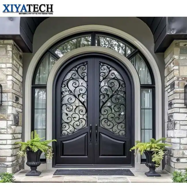 XIYATECH porta d'ingresso di lusso in ferro battuto moderna porta d'ingresso principale esterna con porte doppie in metallo