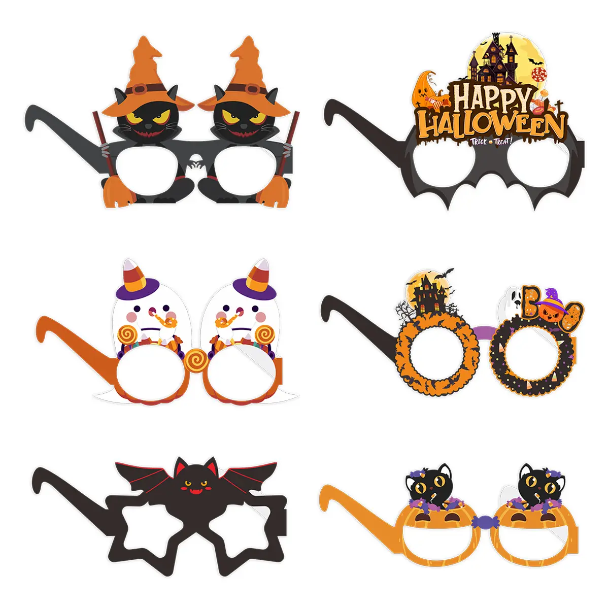 2023 Halloween décoration nouveau papier lunettes 6 pièces/ensemble Halloween fête citrouille chauve-souris fantôme lunettes