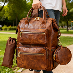 Nhà Sản Xuất Tùy Chỉnh Nâu Vegan Da Đa Chức Năng Thêm Lớn Sang Trọng Tã Túi Ba Lô Cho Cặp Song Sinh Với Núm Vú Trường Hợp - Product Image 4